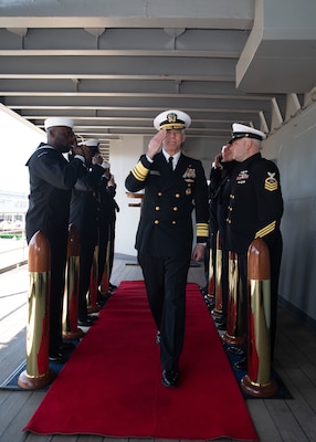 230222-N-GR847-3019 YOKOSUKA, Japan (Feb. 22, 2023) - Commander, U.S. 7th Fleet, Vice Adm. Karl Thomas, departs U.S. 7th Fleet flagship USS Blue Ridge (LCC 19) after conducting a tri-lateral meeting with Commander, Japan Maritime Self-Defense Force Self-Defense Fleet, Vice Adm. SAITO Akira, and Republic of Korea Navy Fleet Commander, Vice Adm. Kim Myung-soo, Feb. 22. 7th Fleet is the U.S. Navy’s largest forward-deployed numbered fleet and routinely interacts and operates with Allies and partners in preserving a free and open Indo-Pacific region. (U.S. Navy photo by Mass Communication Specialist 1st Class Reymundo A. Villegas III)