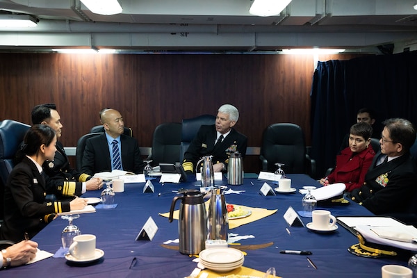 230222-N-GR847-2037 YOKOSUKA, Japan (Feb. 22, 2023) - Commander, U.S. 7th Fleet, Vice Adm. Karl Thomas, speaks during a tri-lateral meeting with Commander, Japan Maritime Self-Defense Force Self-Defense Fleet, Vice Adm. SAITO Akira, and Republic of Korea Navy Fleet Commander, Vice Adm. Kim Myung-soo, aboard U.S. 7th Fleet flagship USS Blue Ridge (LCC 19), Feb. 22. 7th Fleet is the U.S. Navy’s largest forward-deployed numbered fleet and routinely interacts and operates with Allies and partners in preserving a free and open Indo-Pacific region. (U.S. Navy photo by Mass Communication Specialist 1st Class Reymundo A. Villegas III)