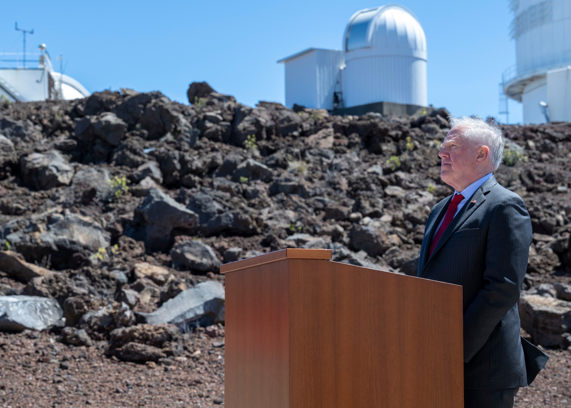 Secretary of the Air Force Frank Kendall addresses an audience during a visit to the Maui Space Surveillance Complex in Haleakalā, Hawaii, Feb. 22, 2023. Kendall’s visit reaffirmed the department’s commitment to comprehensively address the damage caused after approximately 700 gallons of fuel were released from an on-site backup generator Jan. 29, 2023, contaminating Haleakalā's environmentally sensitive and culturally important summit. (Courtesy photo)