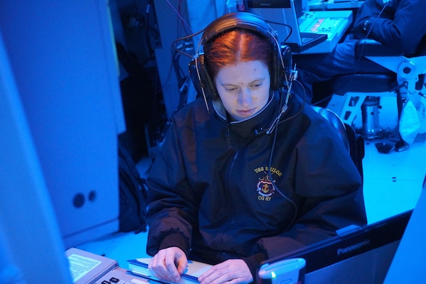 230222-N-XU336-775 YOKOSUKA, JAPAN (Feb. 22, 2023) Ensign Lily Myers, from Erie, Pennsylvania, conducts a ballistic missile defense exercise during Resilient Shield 23 aboard USS Shiloh (CG 67) in Yokosuka, Japan, Feb. 22. Shiloh regularly conducts ballistic missile defense training to support the security of the U.S. and its Allies in the Indo-Pacific. (U.S. Navy photo by Lt. j.g. Naveen Fujii)