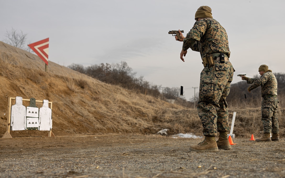U.S. Marines with III Marine Expeditionary Force Support Battalion, III MEF Information Group, conduct a speed reload drill during Bushido Strike 23 on U.S. Army Garrison Casey, South Korea, Feb. 9, 2023. III MSB is conducting Bushido Strike 23, which comprises training events including a Marine Corps Combat Readiness Evaluation to validate its mission essential tasks to provide combat service support, security and administrative services to III Marine Expeditionary Force.