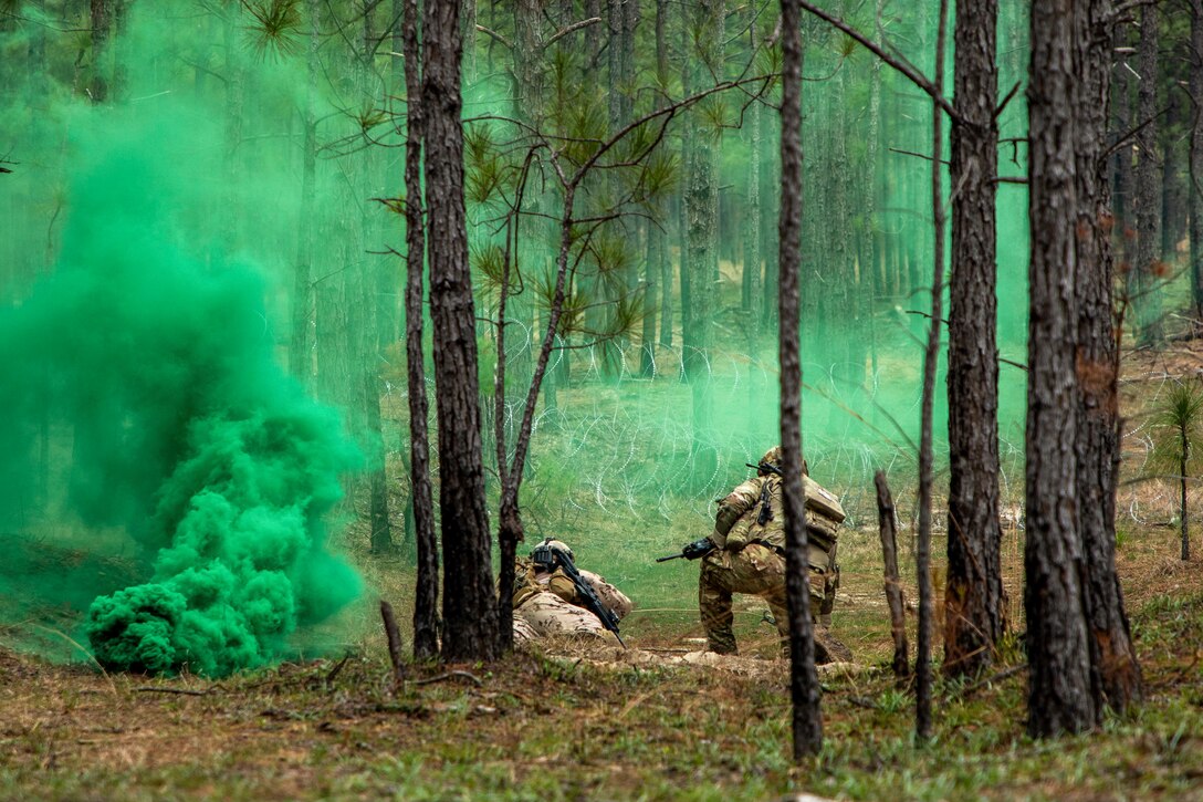 U.S. and Emirati soldiers kneel on the ground in a field while carrying weapons near clouds of green smoke.