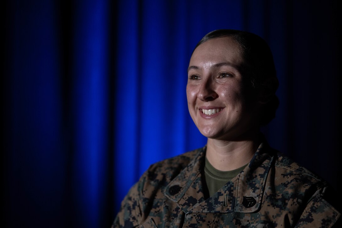 U.S. Marine Staff Sgt. Jessica Larsen, the 1st Marine Division Band drum major, instructs band members during rehearsal at Marine Corps Base Camp Pendleton, California, Jan. 24, 2023. Larsen’s first duty station was at the Blue Diamond as a lance corporal saxophone instrumentalist, and now after three years as a drill instructor, she has returned for a second tour. Larsen is a native of Saint Donatus, Iowa.  (U.S. Marine Corps photo by Cpl. Cameron Hermanet)