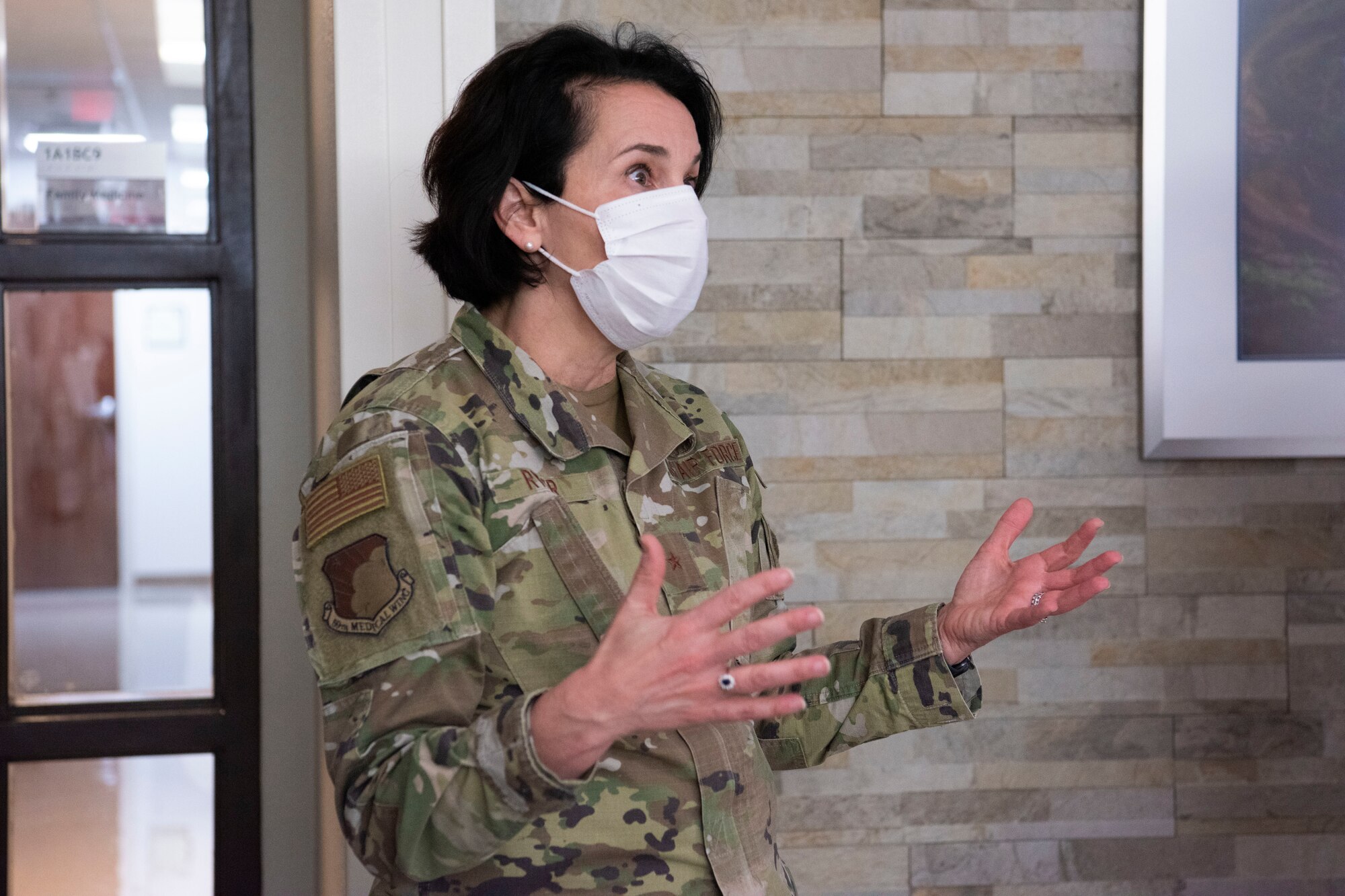 Brig. Gen. Jeannine Ryder, 59th Medical Wing commander and chief of the Air Force Nurse Corps, speaks with 7th Medical Group staff at Dyess Air Force Base, Texas, February 22, 2023. Ryder and Chief Master Sgt. Taliah Wilkerson, Air Force Readiness Agency's Aerospace Medical Service and Surgical Service Career Field Manager, provided a strategic overview and future posture of the Total Nursing Force at the 7th MDG, while also learning about the different mission sets by the Airmen. (U.S. Air Force photo by Airman 1st Class Alondra Cristobal Hernandez)