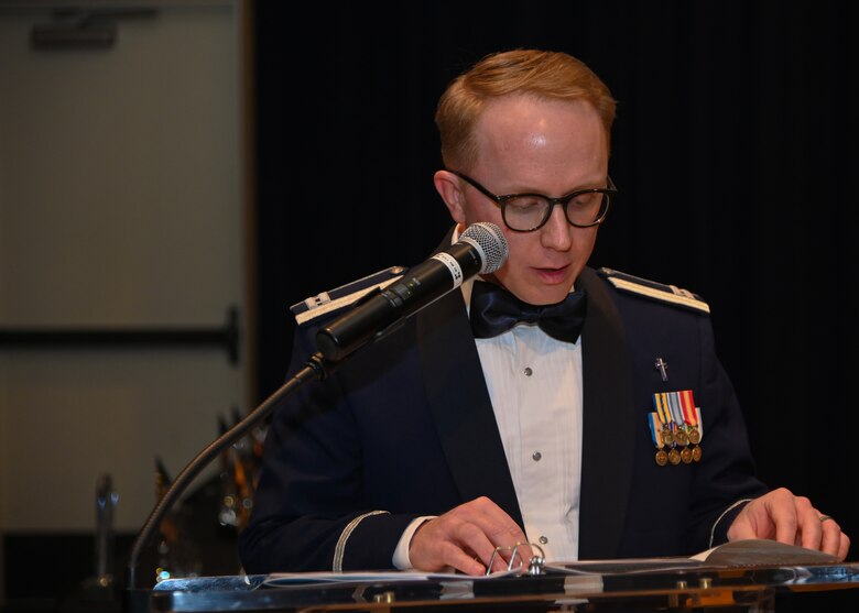 U.S. Air Force Capt. John Lawson, Deputy Delta chaplain, gives an invocation during the Space Launch Delta 30 Annual Awards ceremony at the Pacific Coast Club on Vandenberg Space Force Base, Calif., Feb. 16, 2023. Airmen, Guardians, and civilian employees were honored and recognized for their hard work in their communities and work centers. (U.S. Space Force photo by Airman 1st Class Ryan Quijas)
