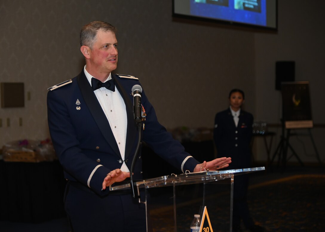 U.S. Space Force Col. Robert Long, Space Launch Delta 30 commander, speaks to attendees of the Space Launch Delta 30 Annual Awards ceremony at the Pacific Coast Club on Vandenberg Space Force Base, Calif., Feb. 16, 2023. Airmen, Guardians, and civilian employees were honored and recognized for their hard work in their communities and work centers. (U.S. Space Force photo by Airman 1st Class Ryan Quijas)