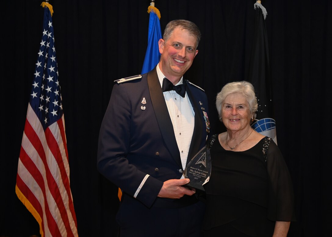 U.S. Space Force Col. Robert Long, Space Launch Delta 30 commander, poses for a photo with Ms. Sylvia King, chair, Military Affairs Committee Lompoc during the Space Launch Delta 30 Annual Awards ceremony at the Pacific Coast Club on Vandenberg Space Force Base, Calif., Feb. 16, 2023. Airmen, Guardians, and civilian employees were honored and recognized for their hard work in their communities and work centers. (U.S. Space Force photo by Airman 1st Class Ryan Quijas)