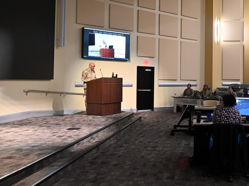 Chief of Staff of the Air Force Gen. CQ Brown, Jr., provides opening remarks for the African American STEM Achievement panel, Joint Base Andrews, Md., Feb 22, 2023. The event was hosted by the Black/African American Strategy Team (BEST) whose goal is to eliminate career barriers for people of color. (U.S. Air Force photo by Andy Morataya)