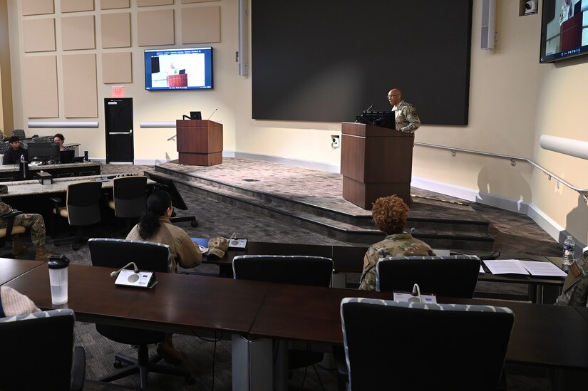 Chief of Staff of the Air Force Gen. CQ Brown, Jr., provides opening remarks for the African American STEM Achievement panel, Joint Base Andrews, Md., Feb 22, 2023. The event was hosted by the Black/African American Strategy Team (BEST) whose goal is to eliminate career barriers for people of color. (U.S. Air Force photo by Andy Morataya)
