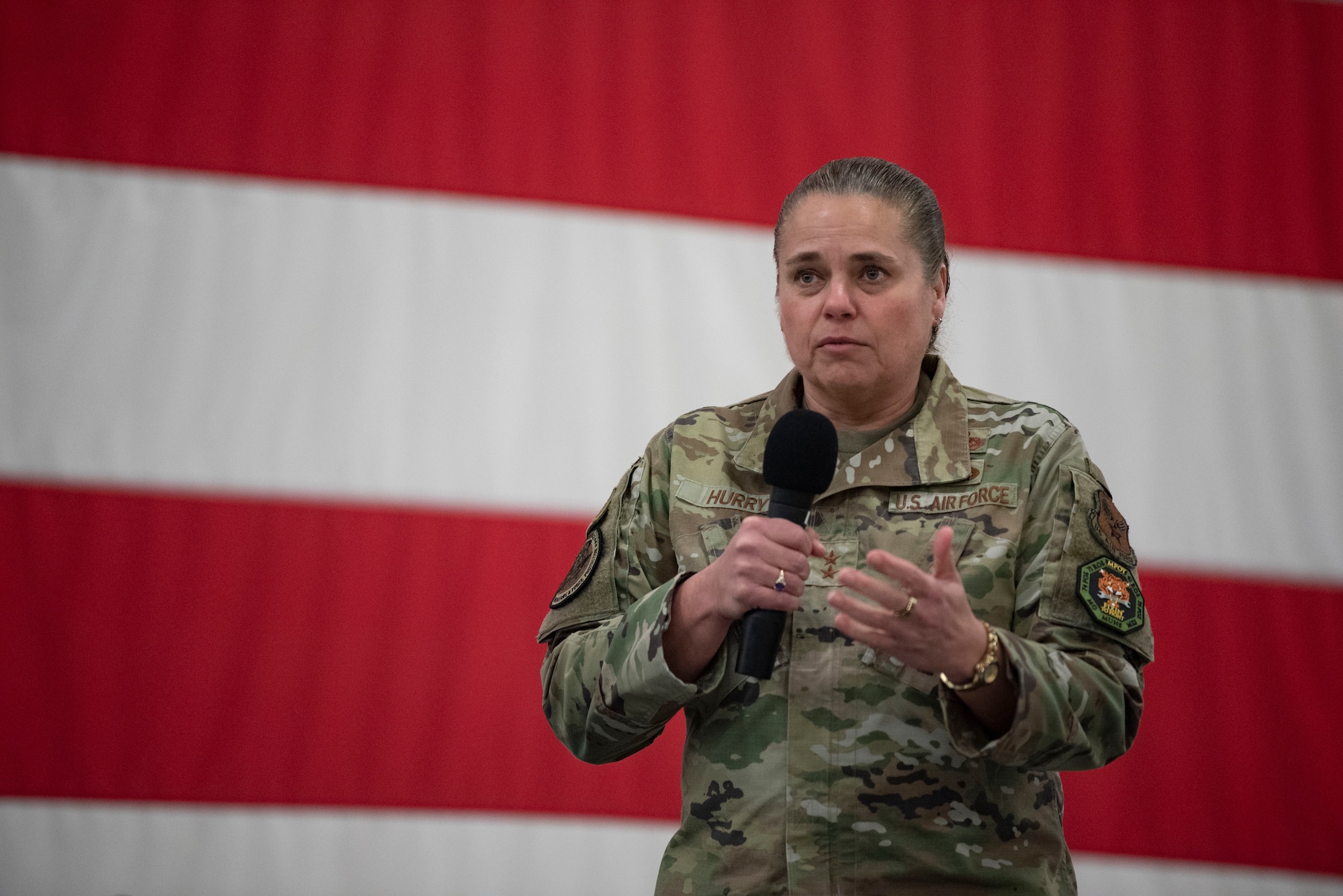 U.S. Air Force Maj. Gen. Linda S. Hurry, Headquarters U.S. Air Force Director of Logistics, delivers a speech during the annual Maintenance Professional of the Year awards banquet at Moody Air Force Base, Georgia, Feb. 17, 2023. MPOY gives high-level leadership a chance to personally recognize Airmen for their exceptional service and hard work. (U.S. Air Force photo by Staff Sgt. Thomas Johns)