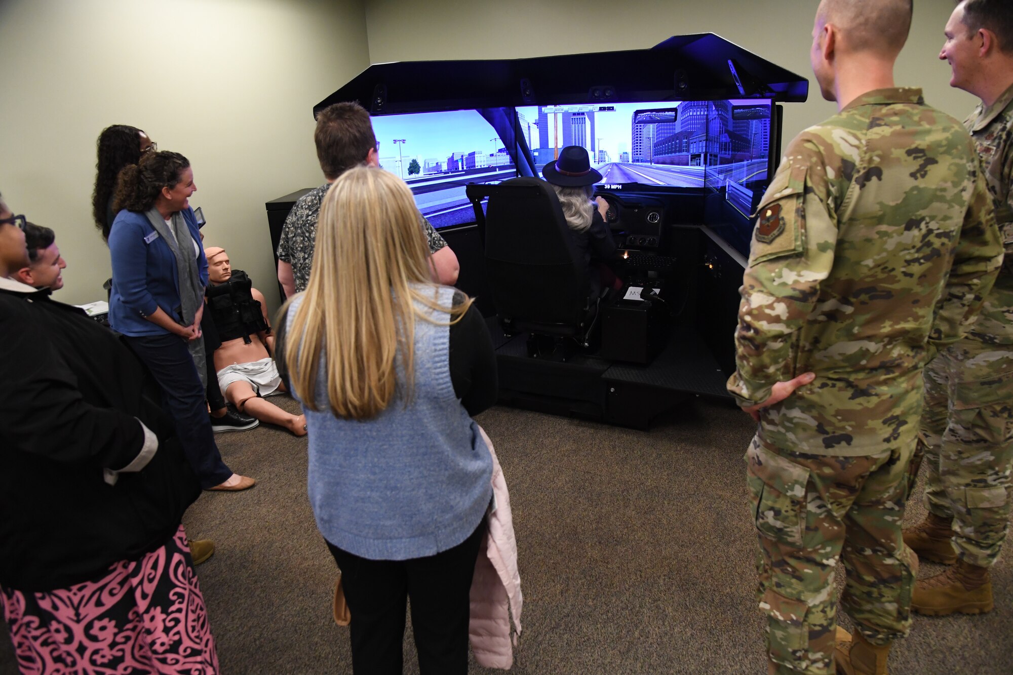 Honorary commanders and civic leaders participate in an 81st Security Forces Squadron vehicle simulator driving demonstration at Keesler Air Force Base, Mississippi, Feb. 17, 2023.