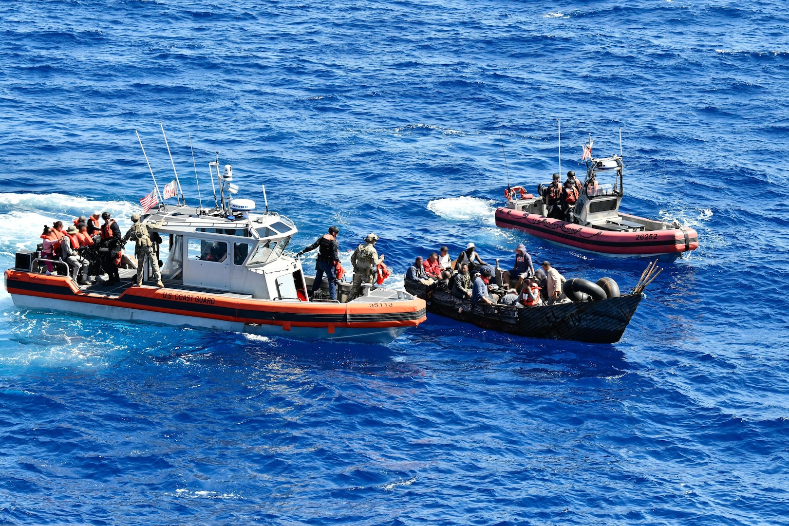 A Coast Guard Air Station Miami HC-144 Ocean Sentry airplane alerted Coast Guard Cutter James of a migrant vessel, at approximately 11:30 a.m., Feb. 20, 2023, about 25 miles south of Cardenas, Cuba. The people were repatriated on Feb. 23, 2023. (U.S. Coast Guard courtesy photo)