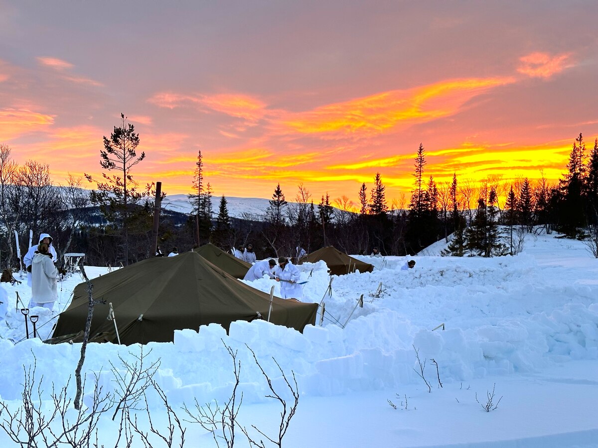 Minnesota National Guard members conduct winter training on Feb. 8, 2023, in a field training exercise in the Haltdalen woods, Norway, while participating in the 50th Norwegian Reciprocal Troop Exchange. Minnesota National Guard Soldiers and Airmen from the 148th Fighter Wing and 133rd Airlift Wing traveled to Norway for two weeks of winter survival training and Nordic cultural experiences.