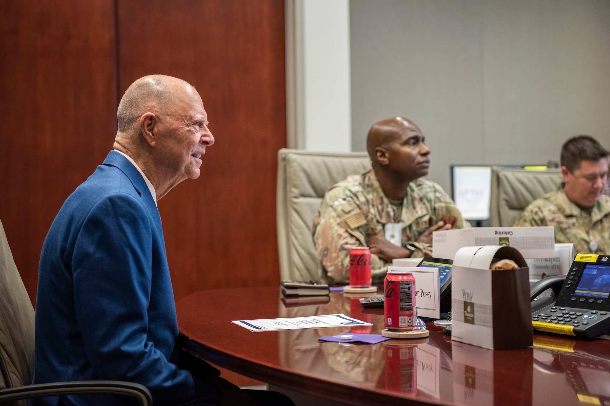 Rep. Bill Posey, who represents Florida’s 8th District, receives a classified mission briefing Feb. 22, 2023 from members of the Air Force Technical Applications Center, Patrick Space Force Base, Fla.  Pictured to the Congressman’s left is Col. James A. Finlayson, commander of the nuclear treaty monitoring center.  (U.S. Air Force photo by Matthew S. Jurgens)