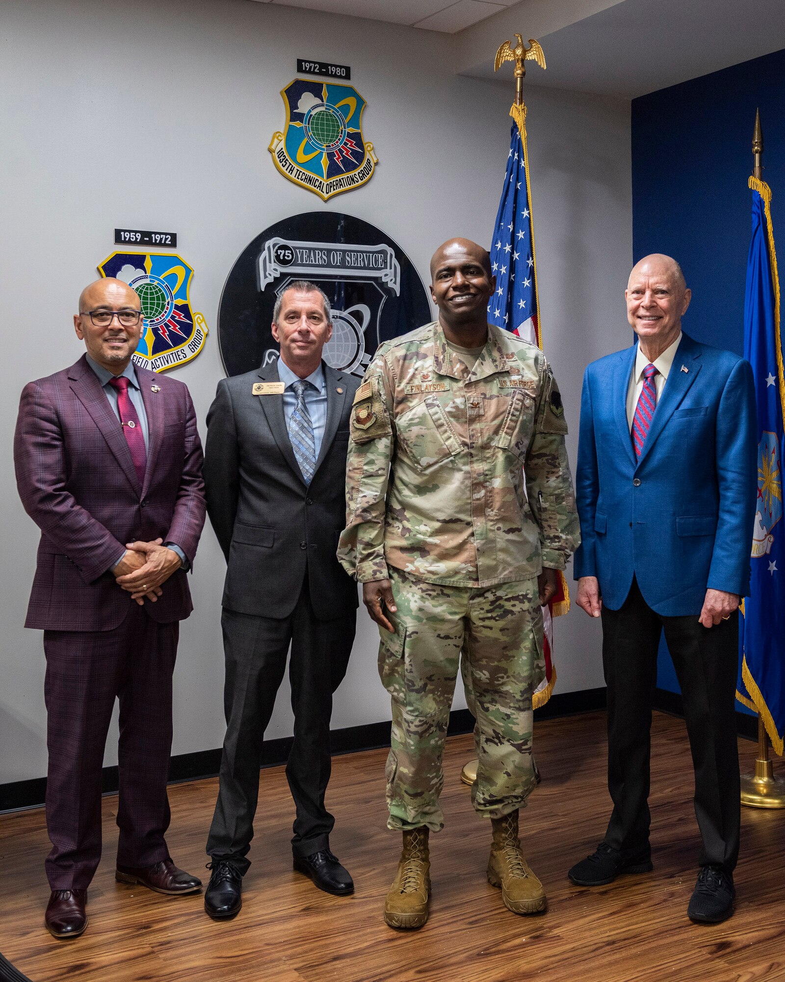 Rep. Bill Posey (right), U.S. Congressman from Florida’s 8th District, poses for a photo with the commander of the Air Force Technical Applications Center, Col. James A. Finlayson, during Posey’s visit to the Department of Defense’s sole nuclear treaty monitoring center Feb. 22, 2023.  Accompanying Posey on the visit were two of his Congressional staffers:  Rob Medina, Director of Community and Military Relations (left), and Patrick Gavin, District Director.  (U.S. Air Force photo by Matthew S. Jurgens)