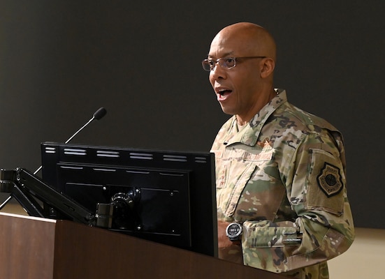 Chief of Staff of the Air Force Gen. CQ Brown, Jr., provides opening remarks for the African American STEM Achievement panel, Joint Base Andrews, Md., Feb 22, 2023. The event was hosted by the Black/African American Strategy Team (BEST) whose goal is to eliminate career barriers for people of color. (U.S. Air Force photo by Andy Morataya)