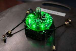 A close-up shot of a Phantom ALZ-15 portable landing zone light at McConnell Air Force Base, Kansas, Feb. 17, 2023. These lights are small, lightweight, and durable units that can be quickly deployed to mark a temporary landing zone for aircraft during emergency situations, disaster relief efforts, or military operations. These lights provide visual guidance for pilots during approach and landing, making it safer to land in remote or otherwise inaccessible locations. (U.S. Air Force photo by Staff Sgt. Adam Goodly)