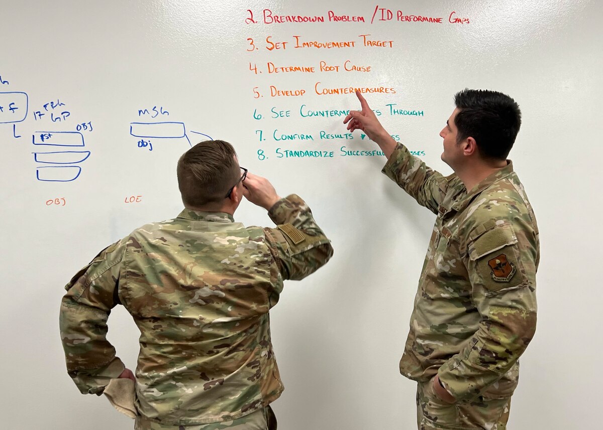 U.S. Air Force Tech. Sgt. Justin Crook, 17th Training Wing Raider Spark Cell section chief, and Master Sgt. Anthony Lefemine, 17th TRW RSC superintendent, review content, at Goodfellow Air Force Base, Texas, Feb. 15, 2023. The RSC helped award eight projects a total of $450,000 for use in an approved innovation project, during this year’s annual Financial Management Board. (U.S. Air Force photo by Staff Sgt. Abbey Rieves)