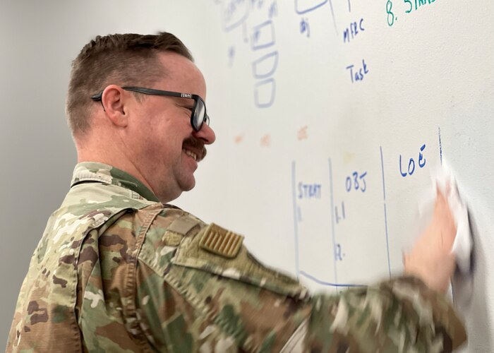 U.S. Air Force Tech. Sgt. Justin Crook, 17th Training Wing Raider Spark Cell section chief, cleans a dry erase board, Goodfellow Air Force Base, Texas, Feb. 15, 2023. The 17th TRW RSC was a physical and opportunistic location designed to accelerate change by transforming service members’ ideas into workplace realities. (U.S. Air Force photo by Staff Sgt. Abbey Rieves)
