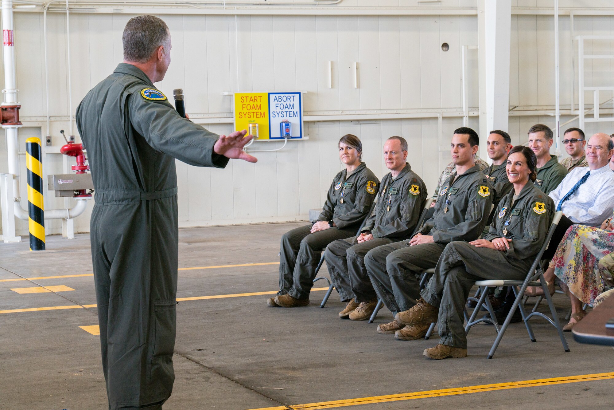 Airmen are awarded at a ceremony.