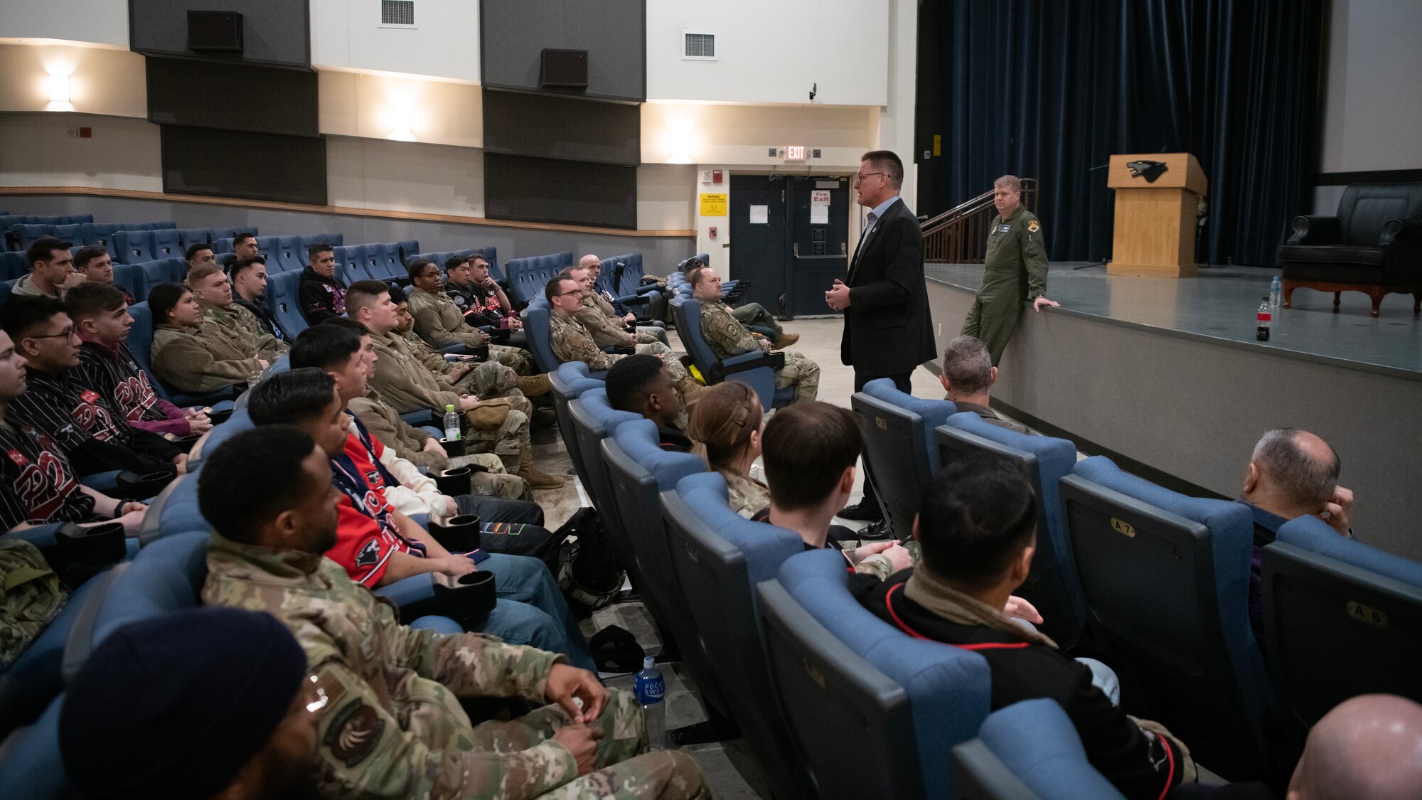 U.S. Air Force Chief Master Sgt. Steve Cenov (left), 8th Air Force command chief, and Lt. Gen. Scott “Rolls” Pleus, 7th Air Force commander, speak to Airmen at Kunsan Air Base, Republic of Korea, Feb. 23, 2023. As part of the Wolf Leadership Forum, former leaders of Kunsan Air Base returned to visit and learn how the Wolf Pack currently operates. (U.S. Air Force photo by Senior Airman Akeem K. Campbell)