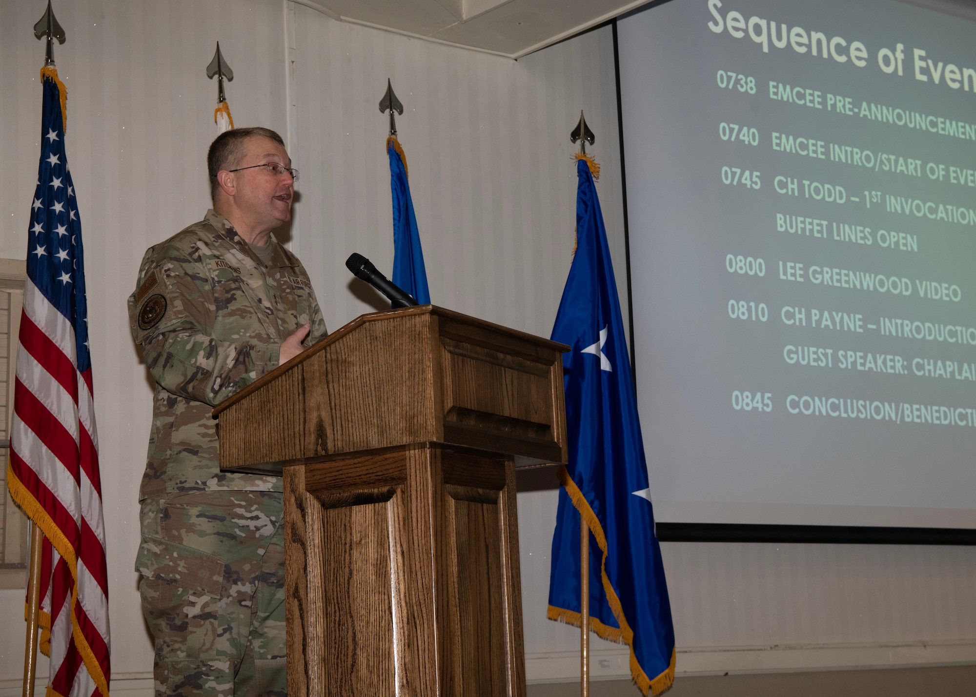 U.S. Air Force Ch. (Maj. Gen.) Randall Kitchens, Department of the Air Force chief of chaplains, delivers a speech to the Wolf Pack at Kunsan Air Base, Republic of Korea, Feb. 24, 2023. Kitchens was the Protestant Chaplain for the 8th Fighter Wing in 1997 to 1998. (U.S. Air Force photo by Senior Airman Akeem K. Campbell)
