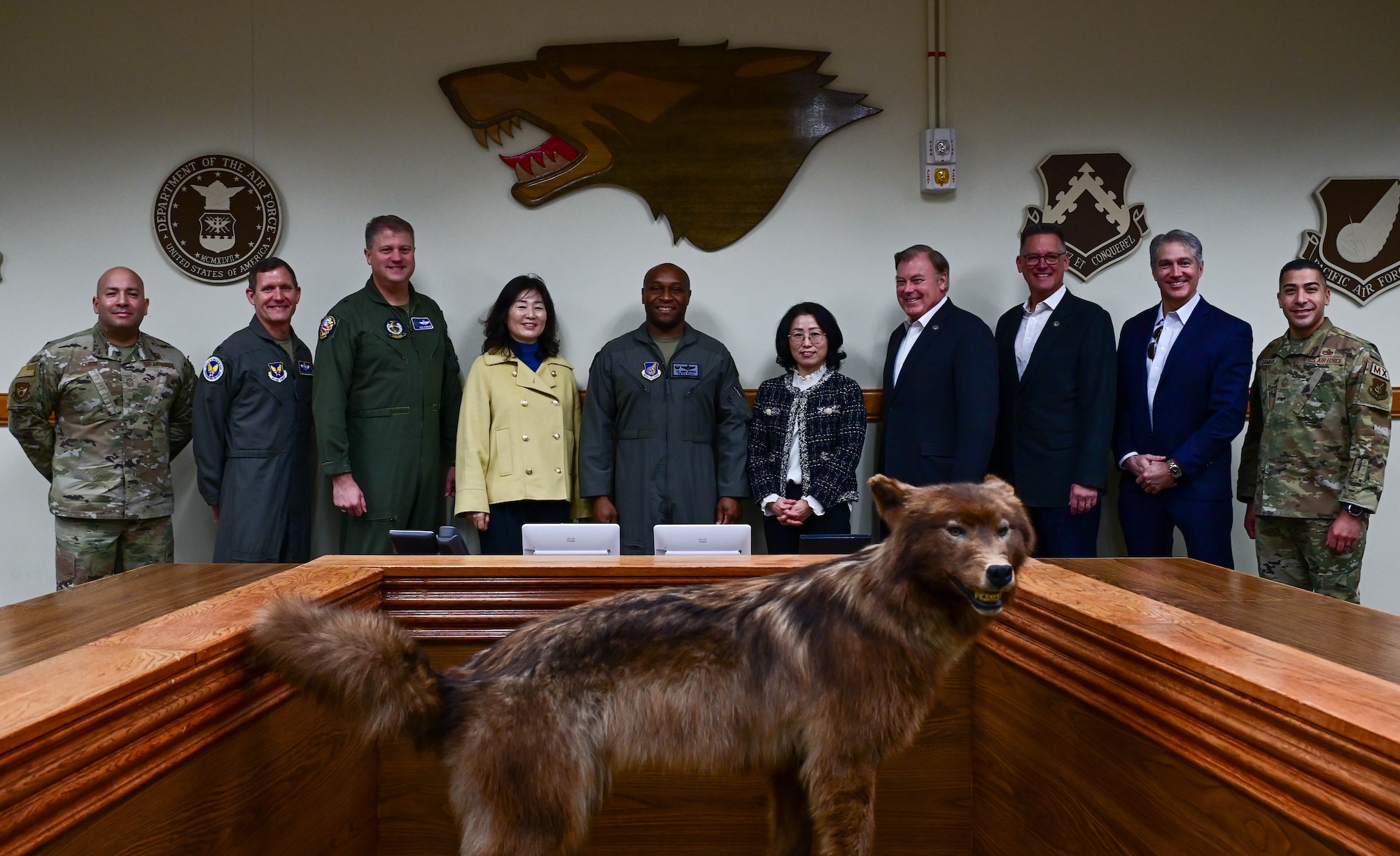 Speakers for the inaugural Wolf Leadership Forum take a photo, at Kunsan Air Base, Republic of Korea, Feb. 23, 2023. The inaugural Wolf Leadership Forum gathered previous leaders of the Wolf Pack. (U.S. Air Force photo by Senior Airman Shannon Braaten)