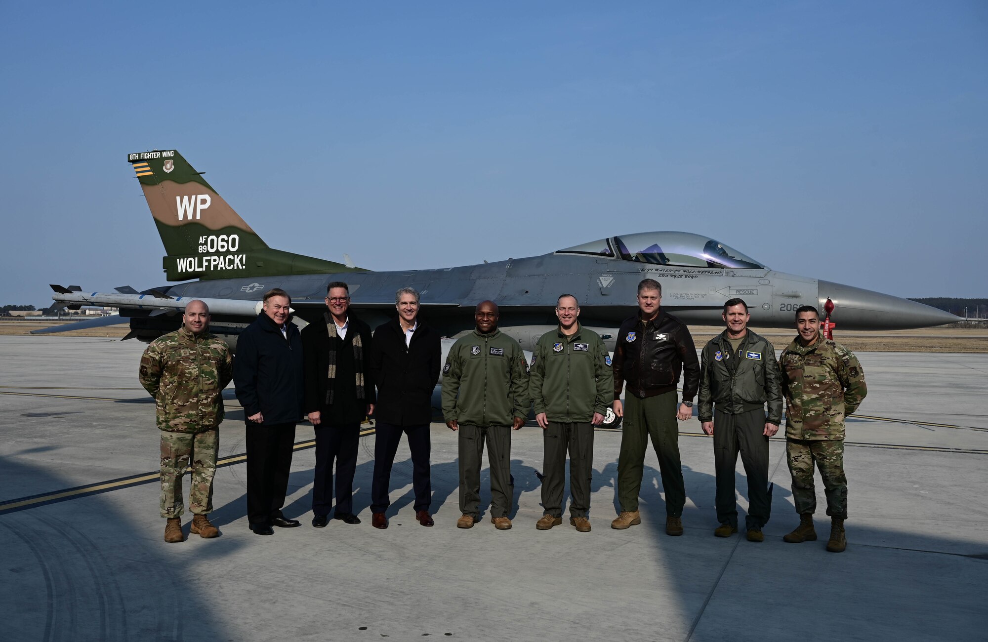 Former Kunsan leaders stand with Col. Henry Jeffress (center left), 8th Fighter Wing commander, and Col. John Caldwell (center right), 8th FW vice commander, at Kunsan Air Base, Republic of Korea, Feb. 23, 2023. Over the course of the two-day event, leaders were briefed on the 8 FW’s current priorities while engaging with subject matter experts from various mission sets. (U.S. Air Force photo by Senior Airman Shannon Braaten)