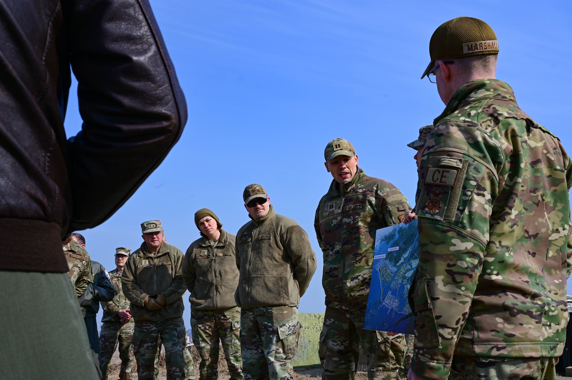 Capt. Ross Jurek, 8th Civil Engineer Squadron chief of portfolio optimization, gives a briefing during the Wolf Leadership Forum at Kunsan Air Base, Republic of Korea, Feb. 23, 2023. The briefing was about the city of Saemanguen, slated to be built by 2050. (U.S. Air Force photo by Senior Airman Shannon Braaten)