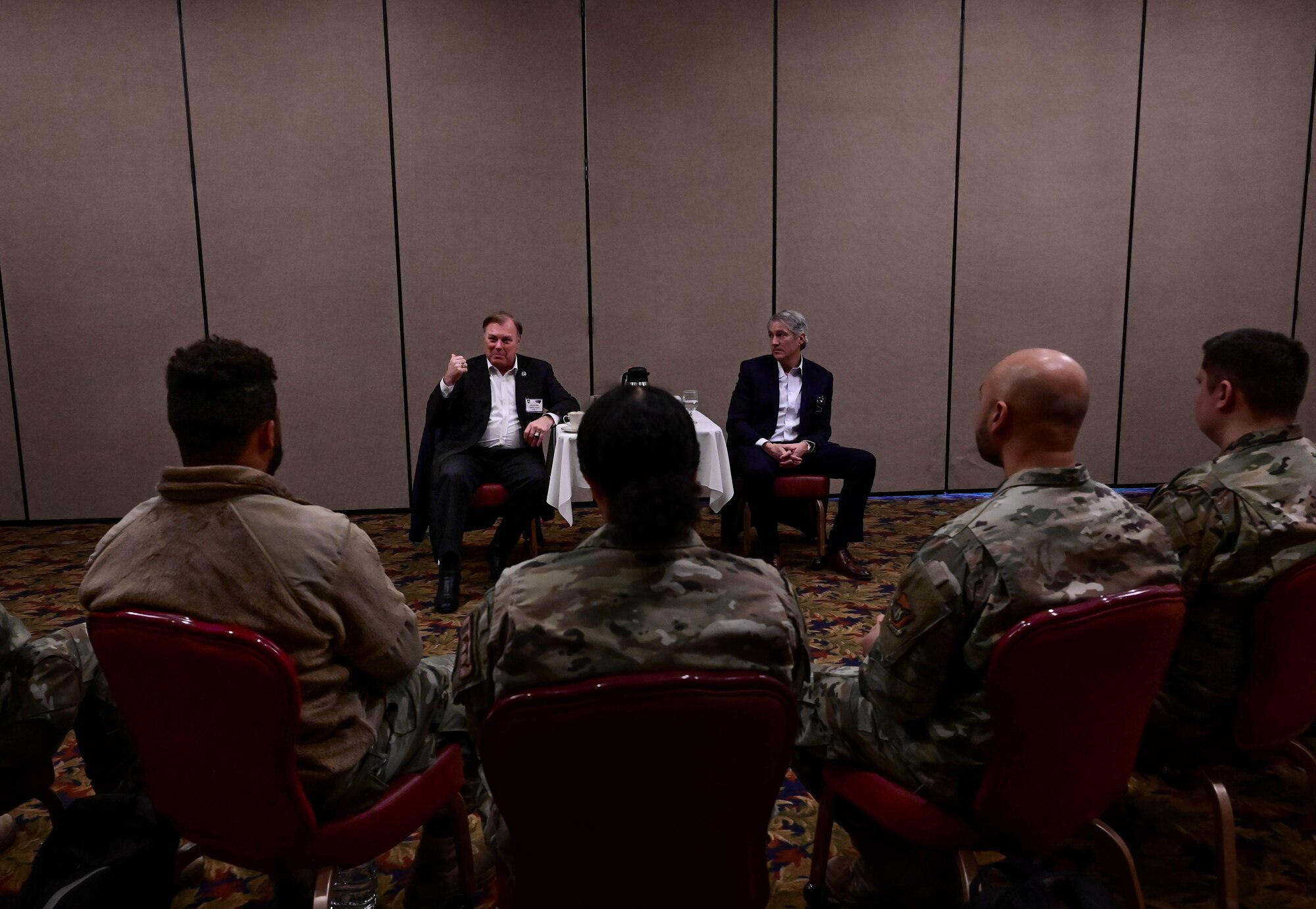 Retired Maj. Gen. Stephen Sargeant and retired Brig. Gen. Jeremy Sloane, speak at a panel during the Wolf Leadership Forum, at Kunsan Air Base, Republic of Korea, Feb. 23, 2023. Over the course of the two-day event, leaders were briefed on the 8 Fighter Wing’s current priorities while engaging with subject matter experts from various mission sets. (U.S. Air Force photo by Senior Airman Shannon Braaten)