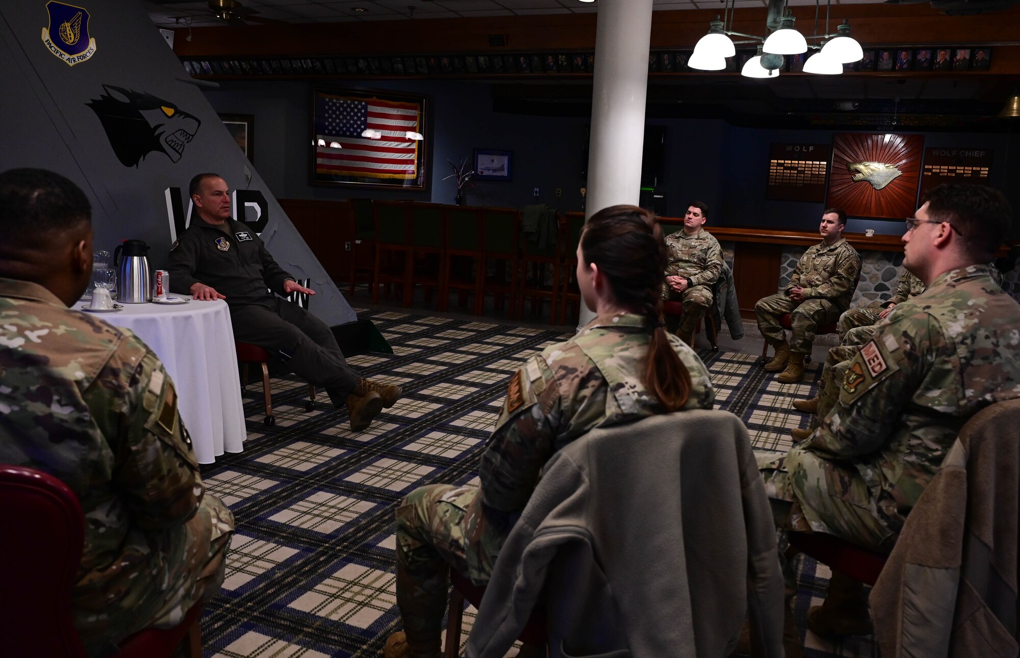 Lt. Gen. Scott “Rolls” Pleus, 7th Air Force commander, speaks to Airmen at a panel during the Wolf Leadership Forum at Kunsan Air Base, Republic of Korea, Feb. 23, 2023. Designed to enrich Airmen, the forum immersed visiting leaders in the Wolf Pack mission while allowing them to share experiences and knowledge. (U.S. Air Force photo by Senior Airman Shannon Braaten)
