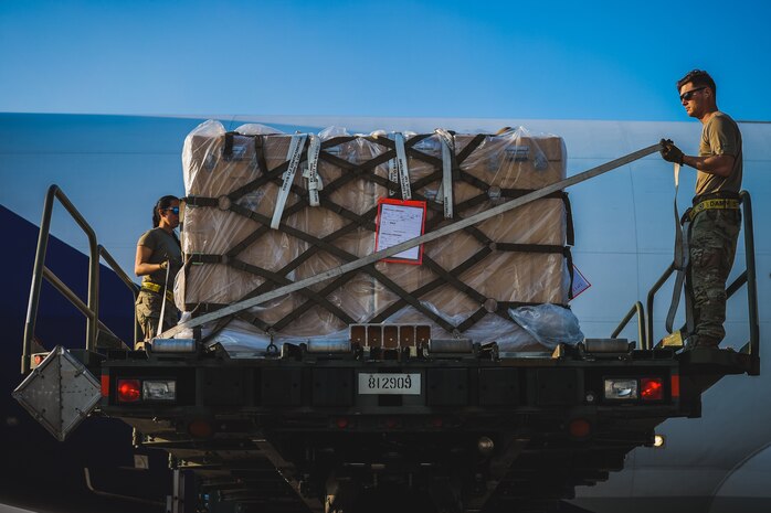 U.S. Air Force Airmen assigned to Incirlik Air Base offload a field hospital to aid the victims of the devastating earthquakes in Türkiye at Incirlik Air Base, Türkiye, Feb. 22, 2023. The field hospital was delivered by a Boeing 747 aircraft from Joint Base Langley-Eustis in Virginia to Incirlik on February 22.