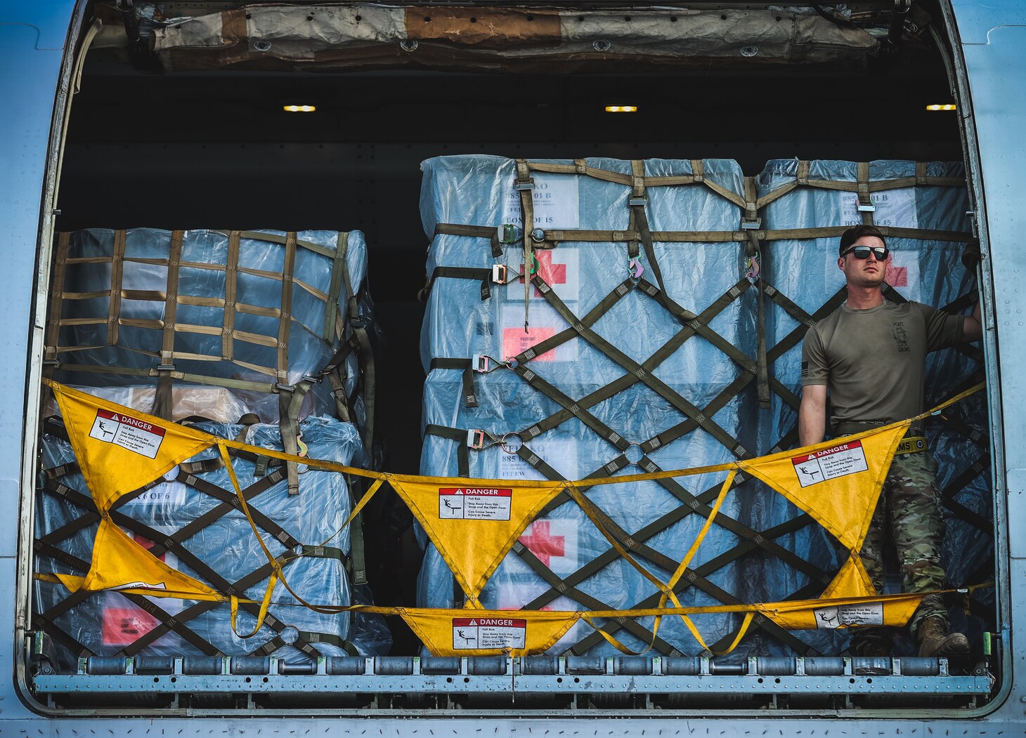 U.S. Air Force Airmen assigned to Incirlik Air Base offload a field hospital to aid the victims of the devastating earthquakes in Türkiye at Incirlik Air Base, Türkiye, Feb. 22, 2023. The field hospital was delivered by a Boeing 747 aircraft from Joint Base Langley-Eustis in Virginia to Incirlik on February 22.