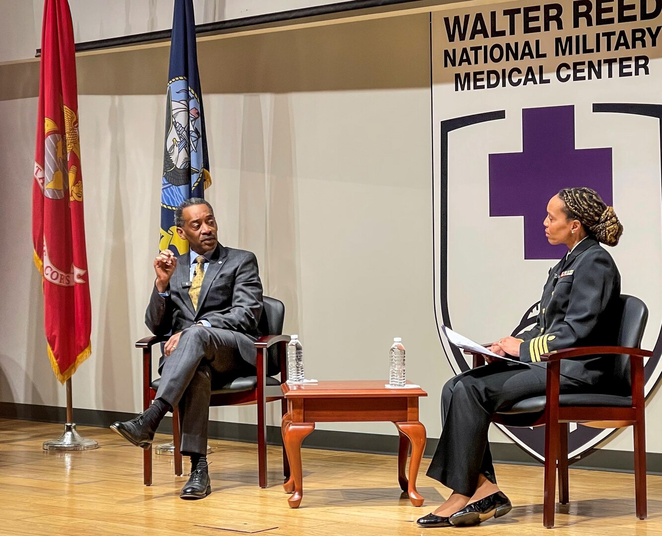 Dr. Jonathan Woodson, President of Uniformed Services University of the Health Sciences (USUHS) sat down with Navy Capt. Kelly Elmore, Chief of Staff, Walter Reed National Military Medical Center (WRNMMC) for a conversation in front of a live audience at the hospital on Feb. 21 2023 in Clark Auditorium. The event was presented as part or the celebration of Black History Month. During the talk, Dr. Woodson talked about his experience in the military, and the role he now plays as the head of USUHS.