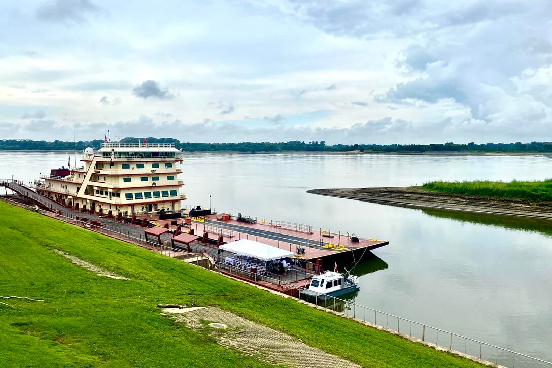 The Memphis District's Motor Vessel Mississippi docked at Beale Street Landing, Memphis, Tennessee for the 2022 MRC Low Water Inspection Trip Public Hearing, Aug. 23, 2022. (USACE Photo by Public Affairs Specialist Jessica Haas)
