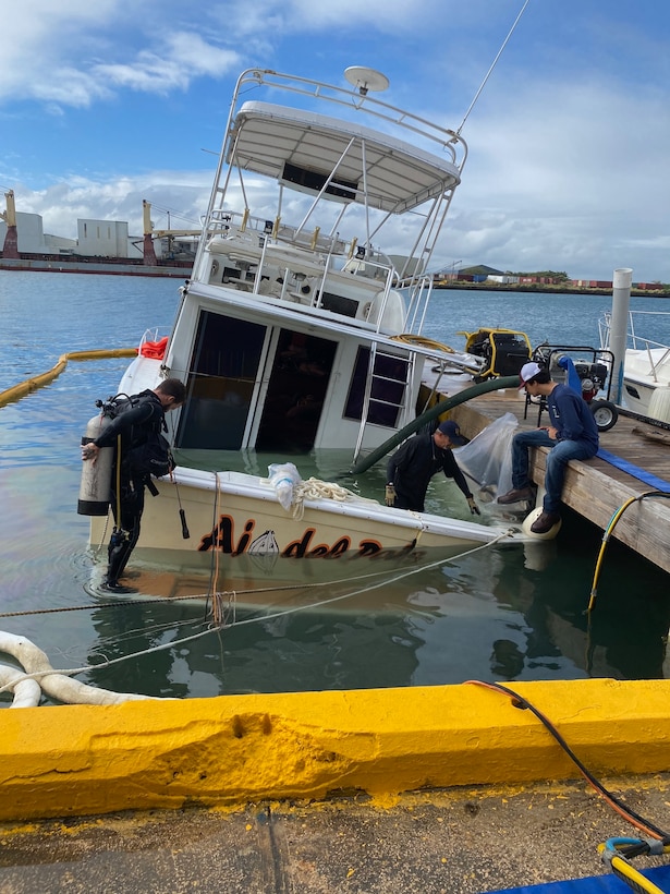 Coast Guard Incident Management pollution responders from Sector San Juan and the hired oil spill removal organization, Clean Harbors LLC, completed the removal of diesel and oily products from the 42-foot recreational vessel Ajo del País by Pier 11 in San Juan Harbor, Puerto Rico, Feb. 23, 2023. Clean-up crews removed approximately 800 gallons of oily water waste comprised mostly of diesel and engine oil that were pumped-out from the vessel. (U.S. Coast Guard photo)