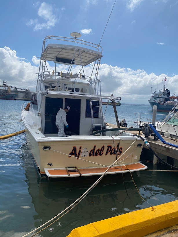 Coast Guard Incident Management pollution responders from Sector San Juan and the hired oil spill removal organization, Clean Harbors LLC, completed the removal of diesel and oily products from the 42-foot recreational vessel Ajo del País by Pier 11 in San Juan Harbor, Puerto Rico, Feb. 23, 2023. Clean-up crews removed approximately 800 gallons of oily water waste comprised mostly of diesel and engine oil that were pumped-out from the vessel. (U.S. Coast Guard photo)