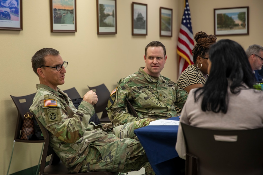 Col. Rhett Blackmon, Commander of the U.S. Army Corps of Engineers (USACE) Galveston District, speaks during an executive governance meeting for the Orange County Project portion of the Sabine Pass to Galveston Bay (S2G) Coastal Storm Risk Management Program at the Orange County Drainage District office.