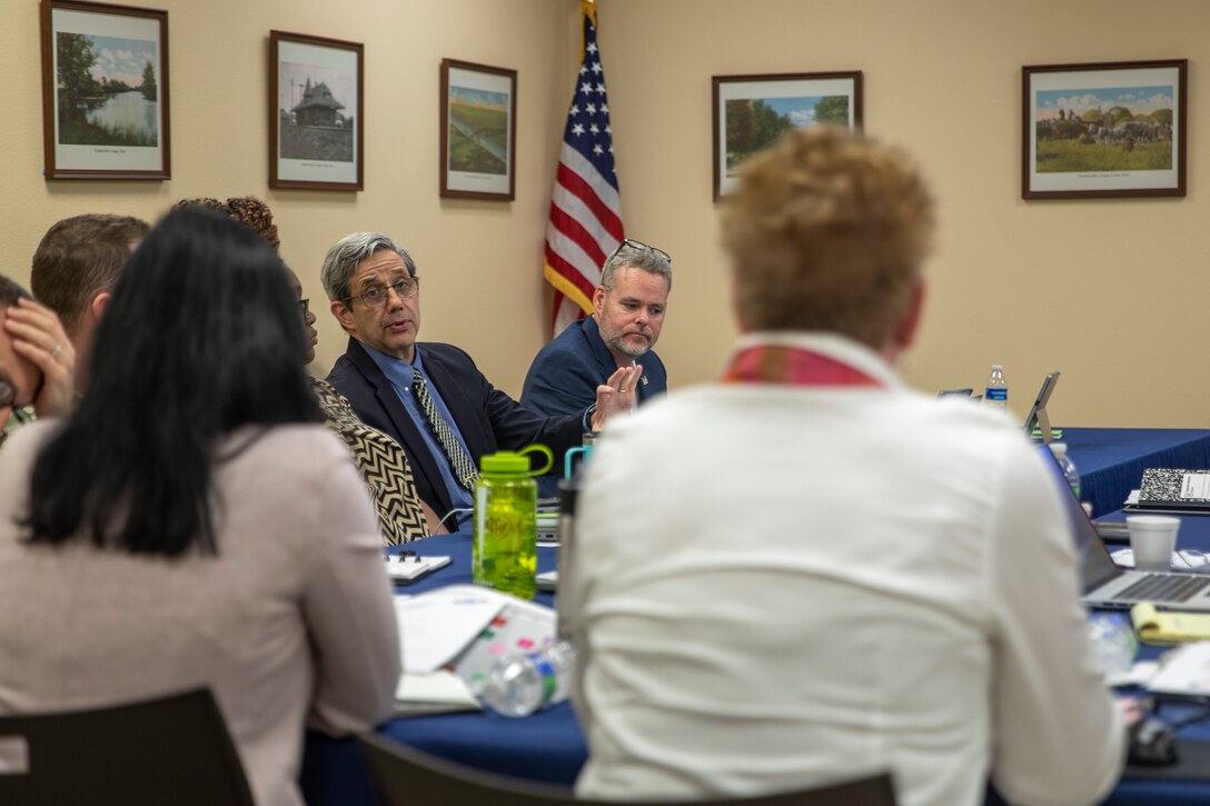 ) Chris Sallese, Principal for Special Projects at DEC Engineering Excellence and former U.S. Army Corps of Engineers Galveston District Commander, speaks during an executive governance meeting for the Orange County Project portion of the Sabine Pass to Galveston Bay (S2G) Coastal Storm Risk Management Program at the Orange County Drainage District office.