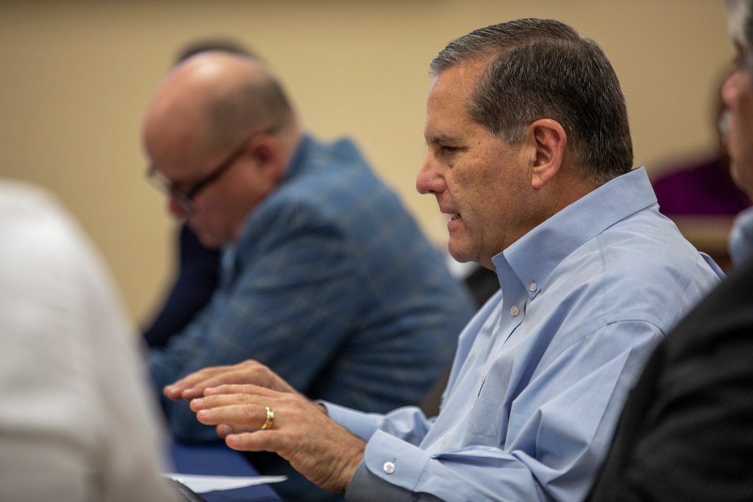 Don Carona, Executive Manager of Special Projects for the Orange County Drainage District (OCDD), speaks during an executive governance meeting for the Orange County Project portion of the U.S. Army Corps of Engineers Galveston District’ Sabine Pass to Galveston Bay (S2G) Coastal Storm Risk Management Program at the OCDD office.