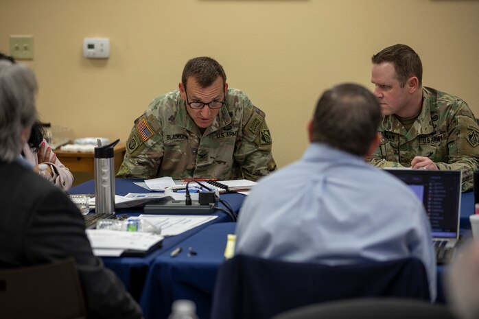 Col. Rhett Blackmon, Commander of the U.S. Army Corps of Engineers (USACE) Galveston District, speaks during an executive governance meeting for the Orange County Project portion of the Sabine Pass to Galveston Bay (S2G) Coastal Storm Risk Management Program at the Orange County Drainage District office.