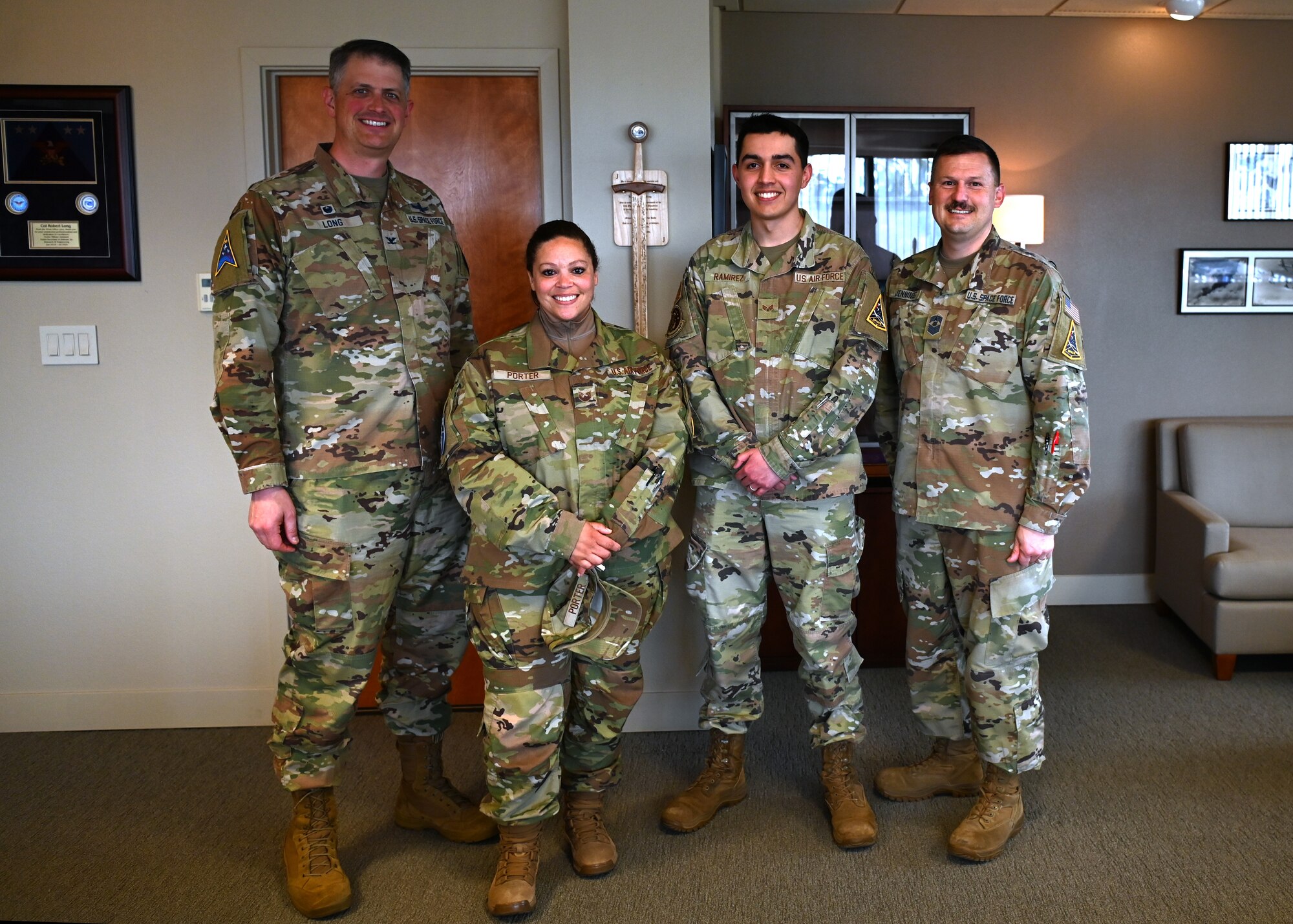 MSgt. Roymindar Singh, 2nd Space Launch Squadron plans and programs flight chief (not pictured),  TSgt. Crishonda Porter, 30th Operations Support Squadron deputy airfield manager, and SrA Caleb Ramirez, 30th Civil Engineering Squadron commander support staff, are getting selected for the United States Space Force Inter-Service Transfer. IST program allows qualified individuals from other military services to apply to transfer to the USSF under active duty. (U.S. Space Force photo by Senior Airman Tiarra Sibley)