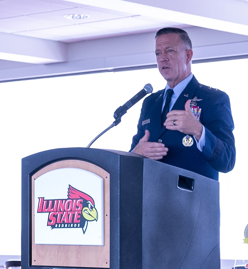 Maj. Gen. Rich Neely, the Adjutant General of Illinois, and Commander of the Illinois National Guard, offers advice to the students at the Illinois State University College of Business during the Hall of Fame induction ceremony in Normal, Illinois, Feb. 23.