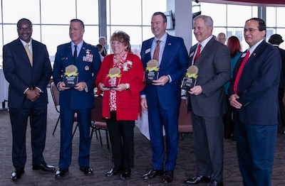 Maj. Gen. Rich Neely, second from right, the Adjutant General of Illinois and Commander of the Illinois National Guard, joins other 2023 Illinois State University College of Business Hall of Fame inductees in a group photo with Aondover Tarhule, interim ISU president, left, and Ajay Samant, Dean, ISU College of Business, during the induction ceremony Feb. 23 at the ISU campus in Normal.