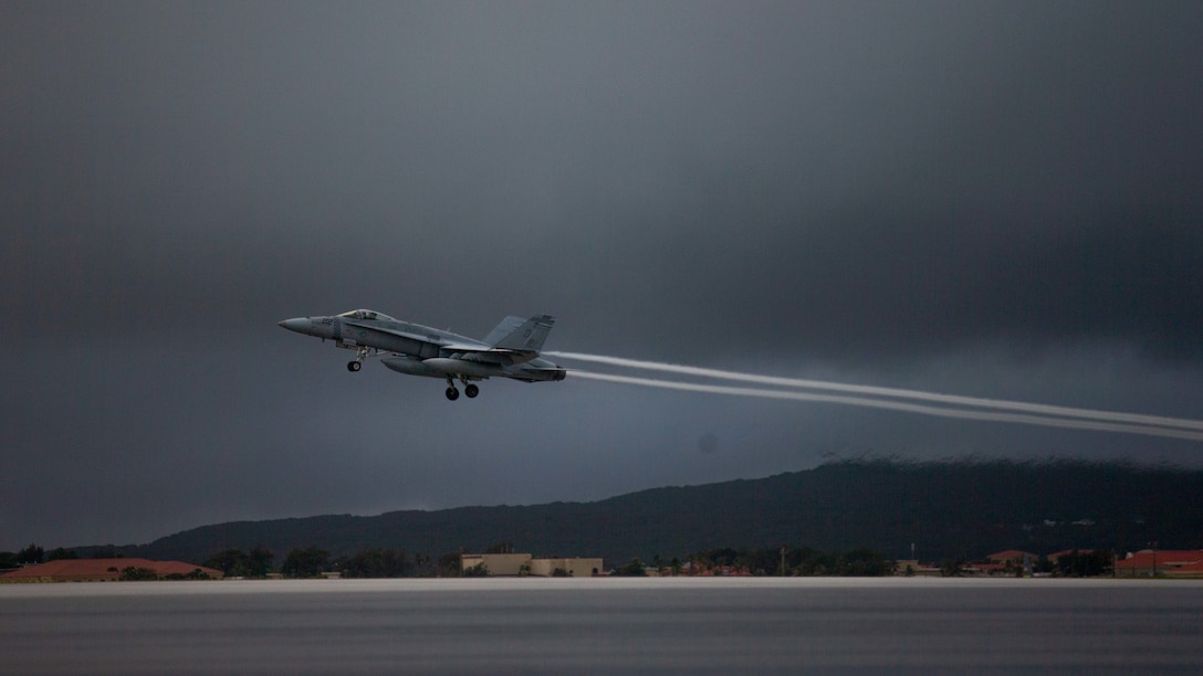 A U.S. Marine Corps F/A-18C Hornet aircraft takes off from Andersen Air Force Base, Guam, Feb. 21, 2023. Cope North 2023, a multilateral field training exercise, honed vital readiness skills of partner nations and enhanced interoperability through the execution of various mission sets, to include air superiority, interdiction, electronic warfare, tactical airlift, and aerial refueling.