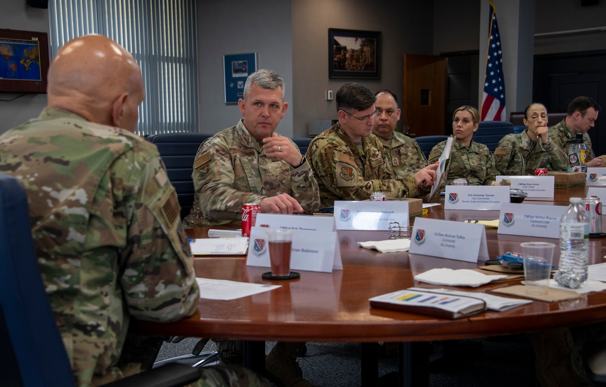 Col. Anthony Babcock, Barnes Center for Enlisted Education commander, briefs Lt. Gen. Brian Robinson, commander of Air Education and Training Command, during a visit to Maxwell Air Force Base, Alabama, Feb. 23, 2023. (U.S. Air Force photo by Brian Ferguson)