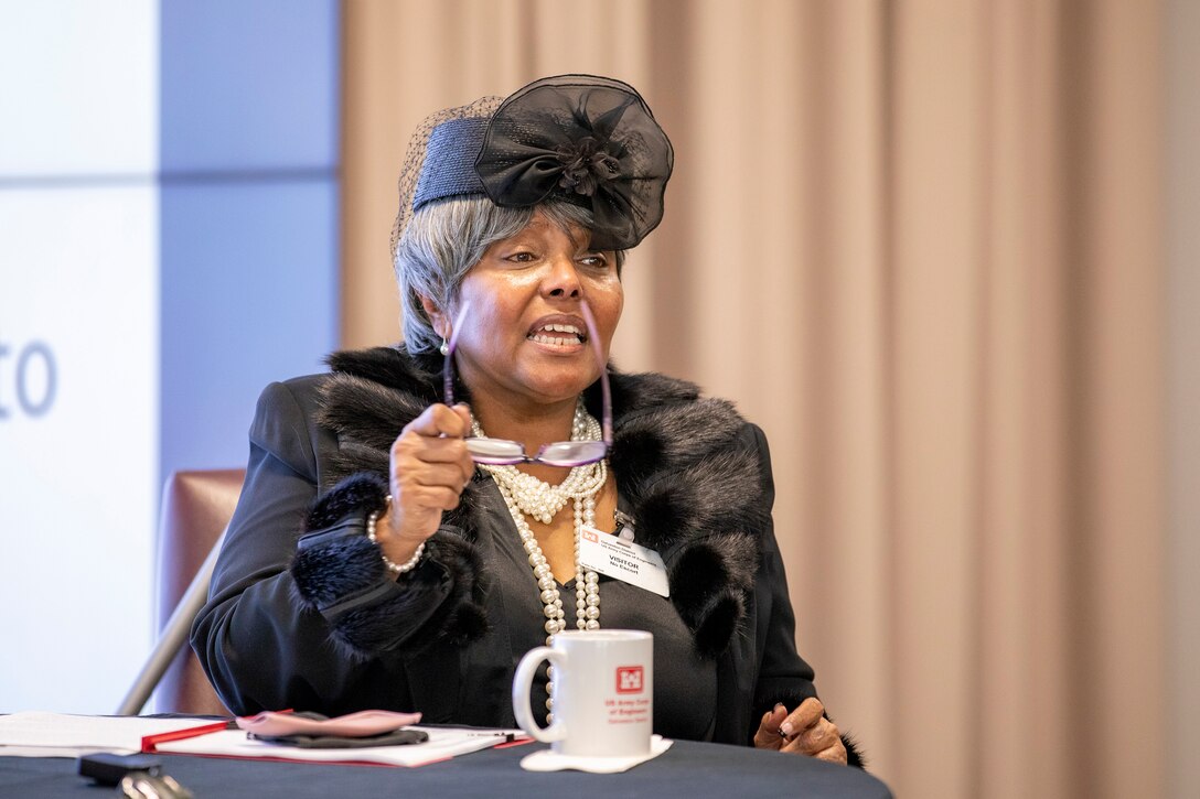 ) “Momma Shug,” a character—said to be more than 100 years old—played by U.S. Army Corps of Engineers Galveston District Executive Office Administrative Support Assistant Pat Agee shares her views on social issues during the district’s Black History Month observance.