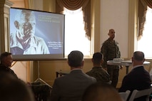 U.S. Marine Corps Lt. Gen. Brian W. Cavanaugh, the commanding general of Fleet Marine Force, Atlantic, Marine Forces Command, Marine Forces Northern Command, hosts Maj. Gen. William J. Bowers’, commanding general of Marine Corps Recruiting Command, presentation of a professional military education on Transformational Leadership at the Pennsylvania House, Norfolk, Virginia, February 17, 2023. The PME was part of a quarterly officer’s meeting series that Cavanagh holds to discuss Marine Corps initiatives with his commanders and senior staff officers. (U.S. Marine Corps photo by Lance Cpl. Jack Chen)