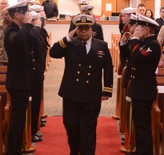 During a change of charge ceremony, Lt. Cmdr. Nicholas Leyba relieved Lt. Cmdr. Mark Wess as the officer in charge of Information Warfare Training Command (IWTC) Monterey Detachment Goodfellow at the Goodfellow Air Force Base Chapel, February 16.