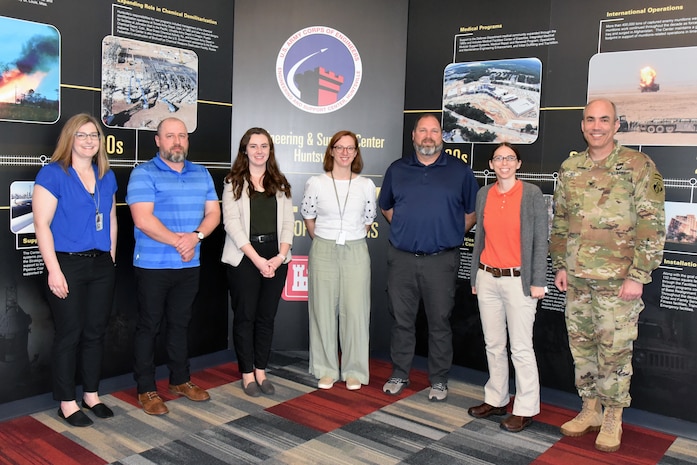 Following Huntsville Center's National Engineers Week presentation, Col. Sebastien P. Joly, commander, recognizes the Center engineers who have continued to grow in their field by earning a license or certification. Newly licensed or certified employees include Kelly Turner, civil engineer (structural); Joshua Mason, civil engineer; Lauren Howerton, civil engineer; Elena Sabatini, mechanical engineer; Paul Rhoades, contractor officer review board; Lauren Houpt, healthcare interior designer; and David Braidich, medical gas certified designer. (Photo by Kristen Bergeson)